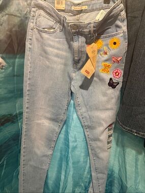 Custom Levi's Light Blue Skinny Jeans with Colorful Floral & Butterfly Patches